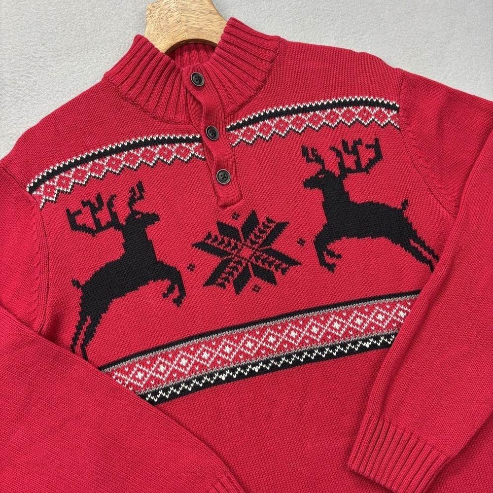 Alan Flusser Henley Neck Sweater Mens L Fair Isle Reindeer Nordic Knit Holidays